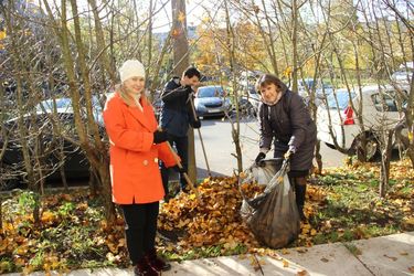 Уборка листьев на внутриквартальной территории ул. Веры Слуцкой